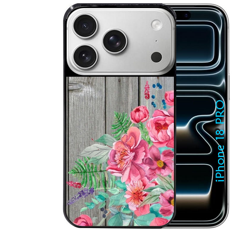 Coque pour Iphone 18 / PRO / PRO MAX / 18E bois gris fleur rose