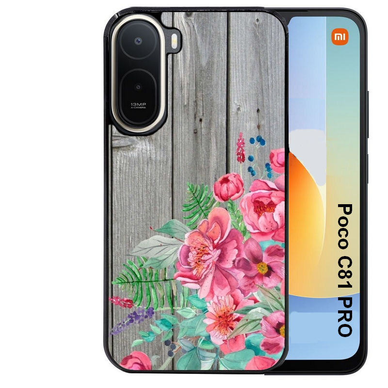 Coque pour POCO C81 PRO bois gris fleur rose