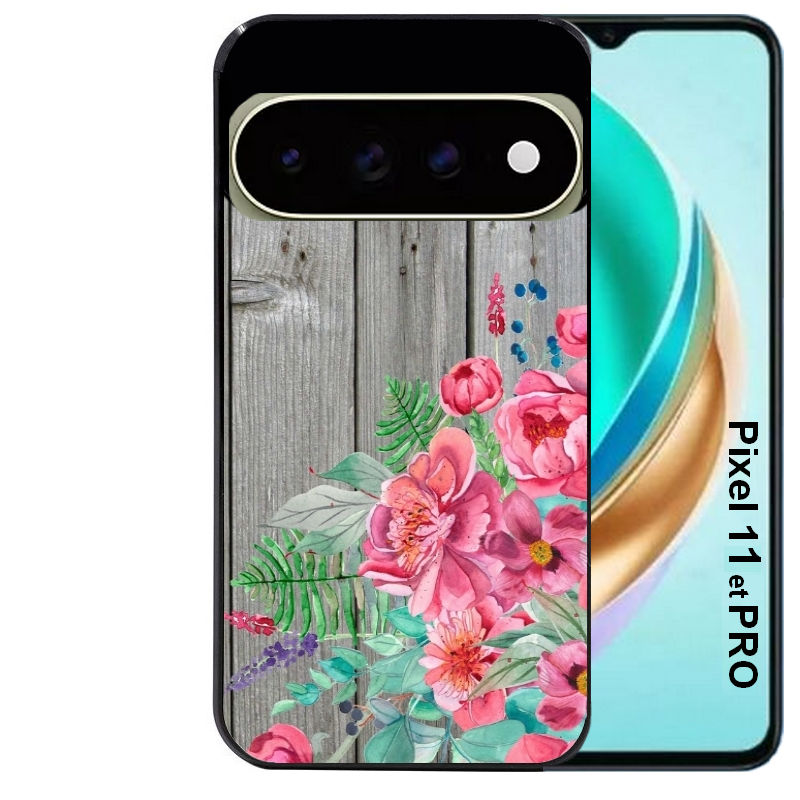 Coque pour Pixel 10 / 11 / PRO / XL bois gris fleur rose