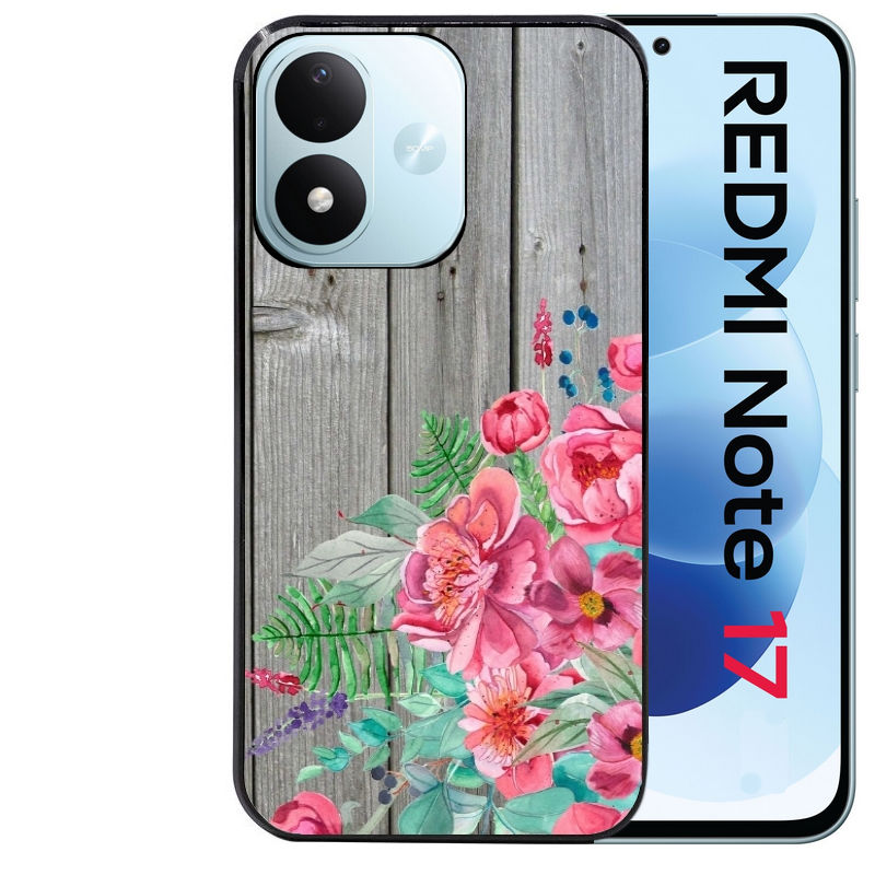 Coque pour Redmi Note 17 et PRO 4G 5G Max bois gris fleur rose