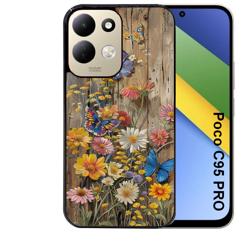 Coque pour POCO C95 PRO bois et papillon 1