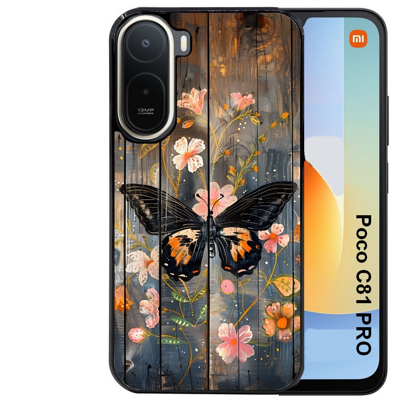 Coque pour POCO C81 PRO bois et papillon 2