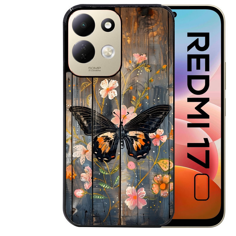 Coque pour Redmi 17 et 17C 4G 5G bois et papillon 2