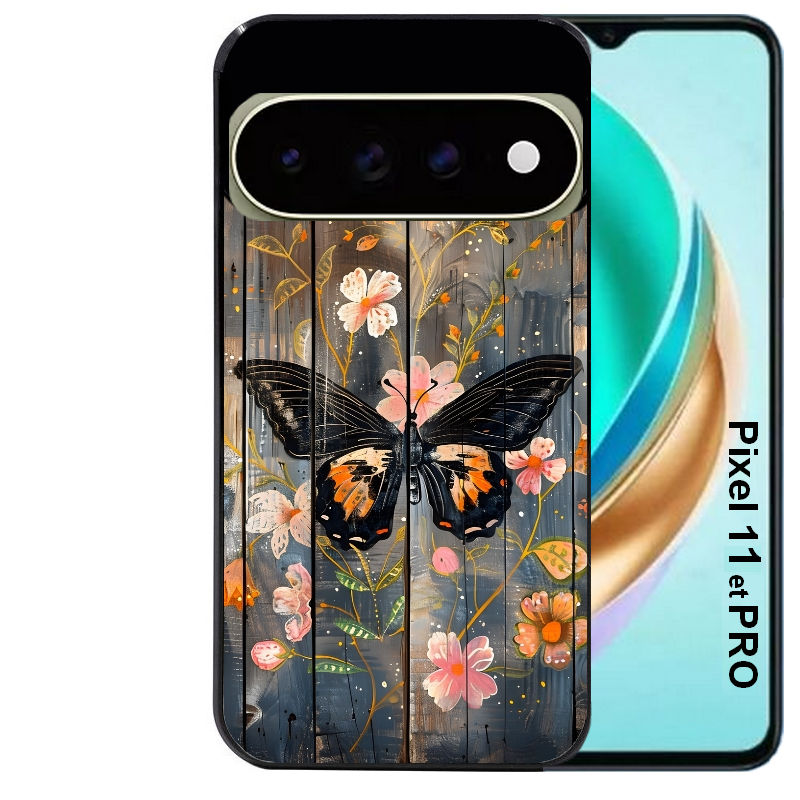 Coque pour Pixel 10 / 11 / PRO / XL bois et papillon 2