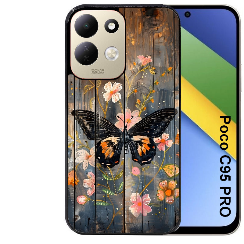 Coque pour POCO C95 PRO bois et papillon 2