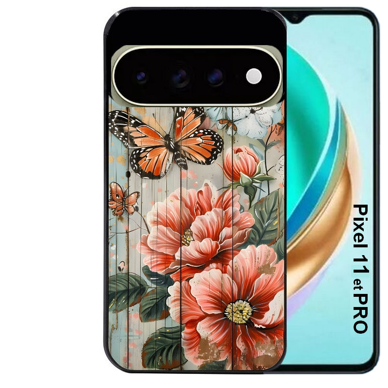 Coque pour Pixel 10 / 11 / PRO / XL bois et papillon 3