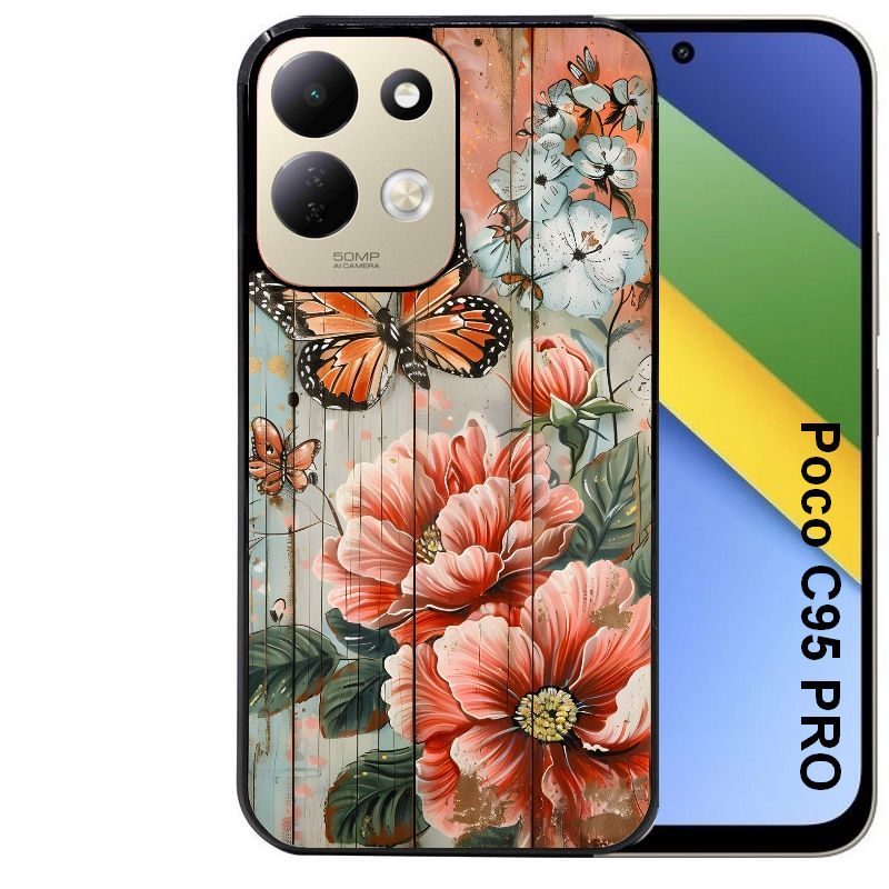 Coque pour POCO C95 PRO bois et papillon 3