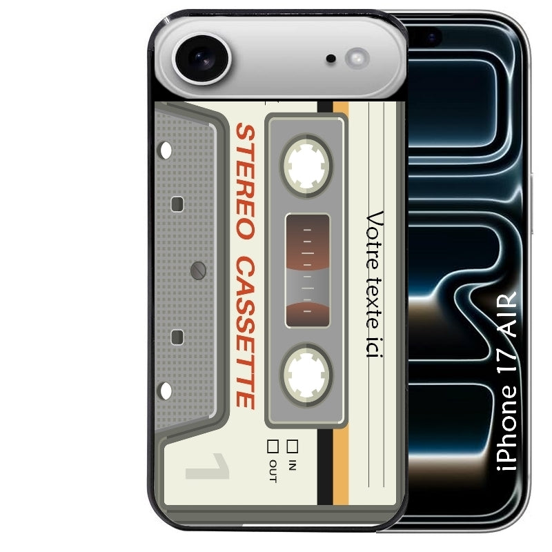 Coque noire taperso pour Iphone 17 17E AIR MAX PRO avec motif cassette grise personnalisable protection antichoc personnalisée