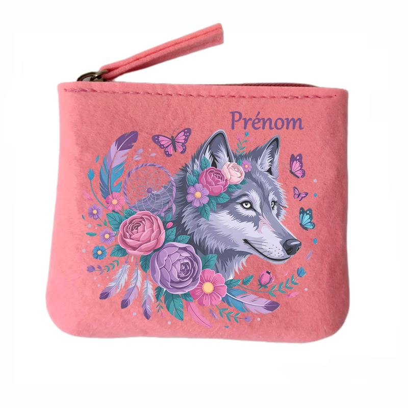 Porte monnaie personnalisé loup dreamcatcher en feutrine en feutrine