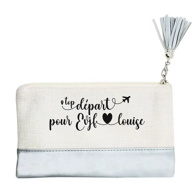 Pochette personnalisée motif EVJF top depart en toile et simili cuir personnalisée