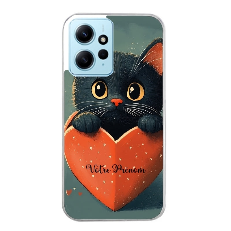 Coque taperso pour POCO X5 5G avec motif chat et coeur avec prenom protection antichoc personnalisée