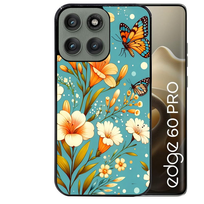 Coque noire taperso pour Moto Edge 60 et Neo Fusion Pro avec motif fleur orange protection antichoc personnalisée