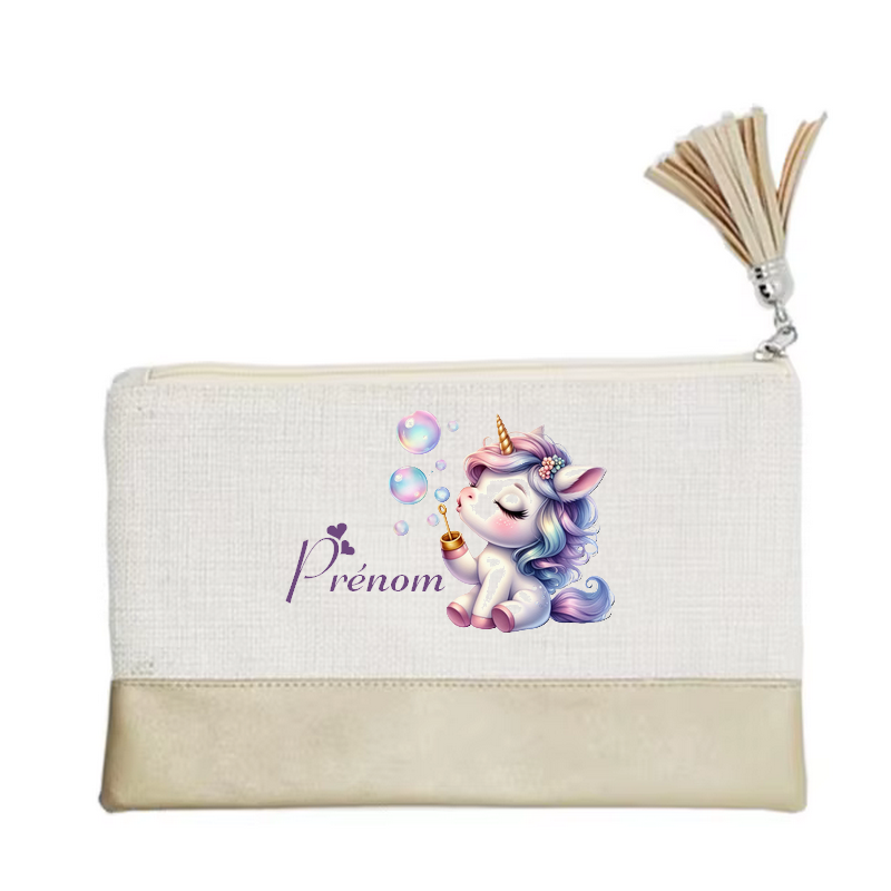 Pochette personnalisée motif licorne bubble en toile et simili cuir personnalisée