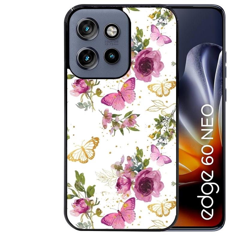 Coque noire taperso pour Moto Edge 60 et Neo Fusion Pro avec motif fleur et papillon protection antichoc personnalisée