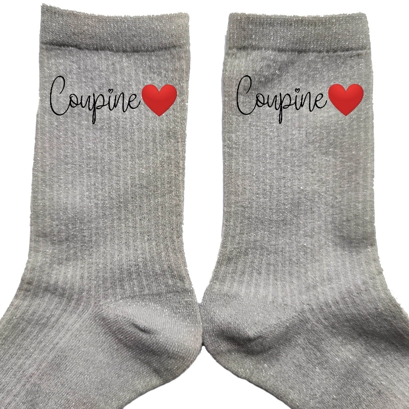 Chaussettes paillettes argent motif copine coupine