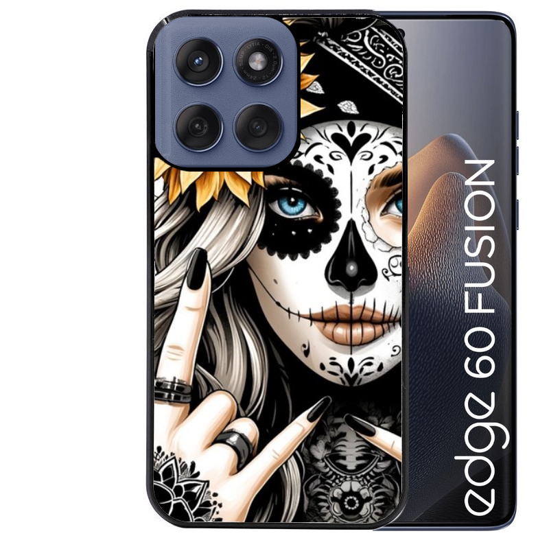 Coque noire taperso pour Moto Edge 60 et Neo Fusion Pro avec motif tete de mort tatoo protection antichoc personnalisée