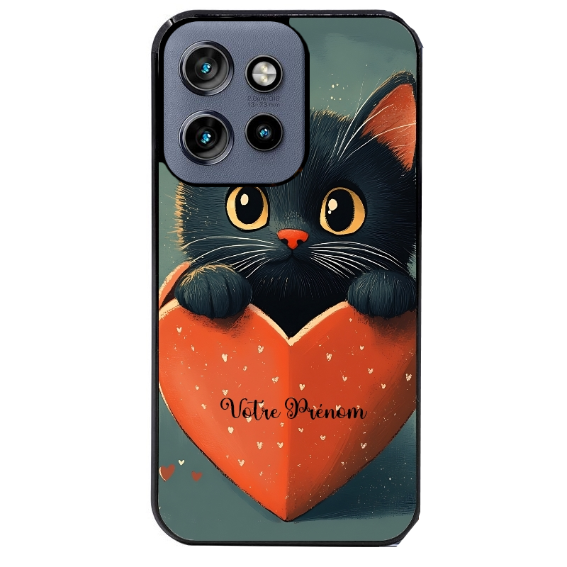 Coque noire taperso pour Moto Edge 60 et Neo Fusion Pro avec motif chat et coeur avec prenom protection antichoc personnalisée