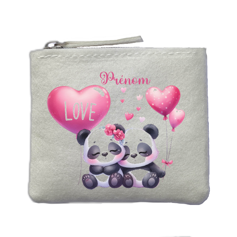 Porte monnaie personnalisé panda love ivoire en feutrine en feutrine ivoire