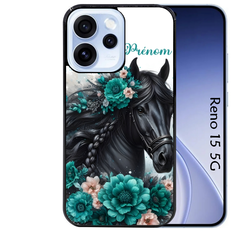 Coque noire taperso pour OPPO Reno 15 et F FS 5G avec motif cheval et fleurs personnalisee protection antichoc personnalisée