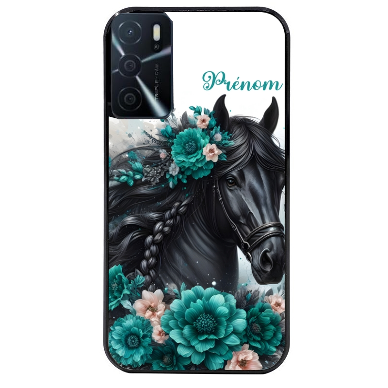 Coque noire taperso pour OPPO A16 et A16S avec motif cheval et fleurs personnalisee protection antichoc personnalisée