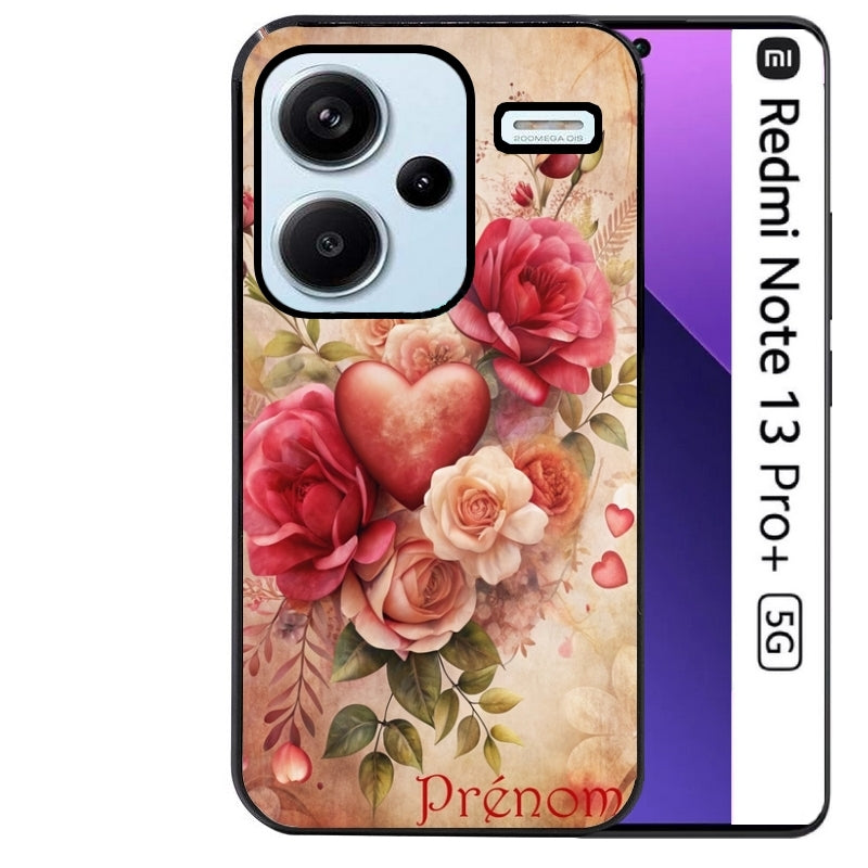 Coque noire taperso pour Redmi Note 13 PRO PLUS 5G avec motif coeur et fleur personnalisee protection antichoc personnalisée
