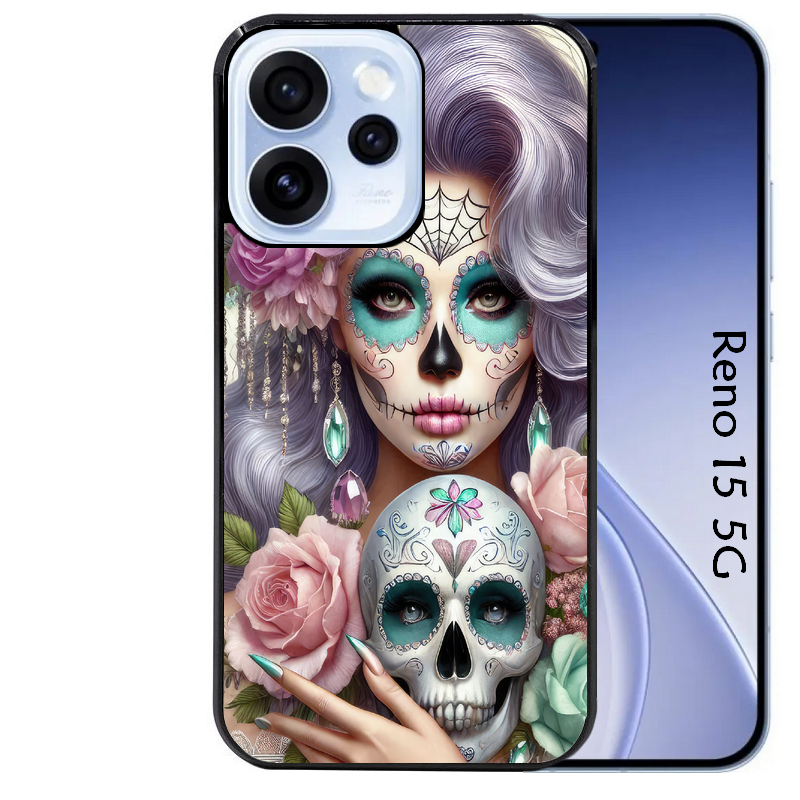 Coque noire taperso pour OPPO Reno 15 et F FS 5G avec motif tete de mort calavera bijoux protection antichoc personnalisée