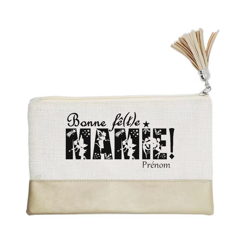 Pochette personnalisée motif mamie bonne fete en toile et simili cuir personnalisée