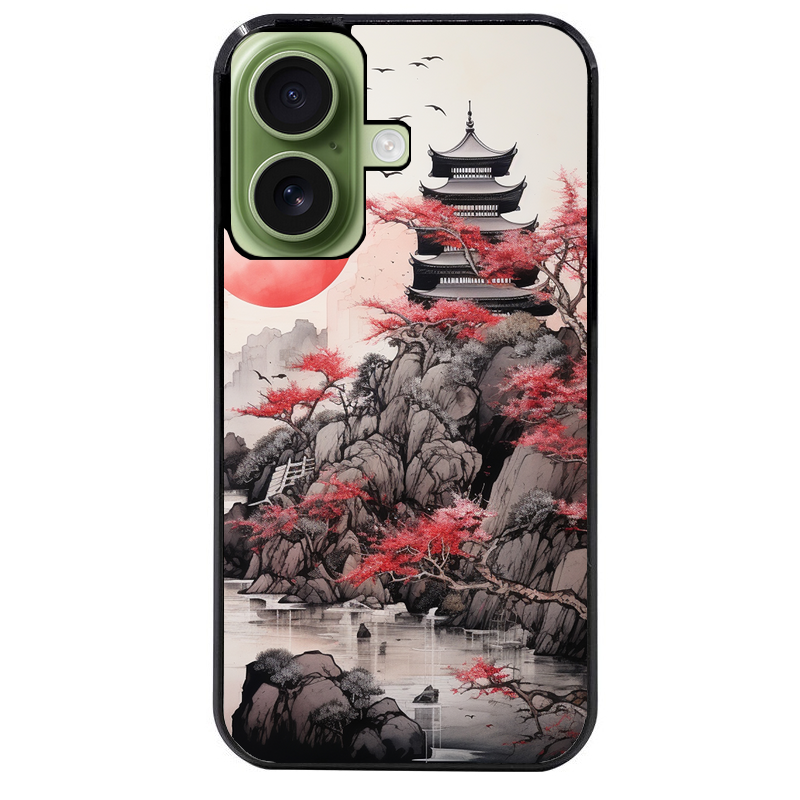 Coque noire taperso pour Iphone 16 16E PLUS MAX PRO avec motif japan et temple protection antichoc personnalisée