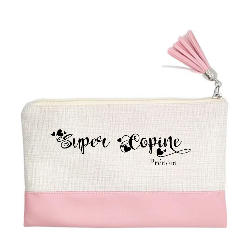 Pochette personnalisée motif super copine en toile et simili cuir personnalisée