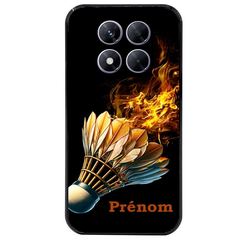 Coque noire taperso pour Redmi Note 14 et PRO PLUS 4G 5G avec motif badminton flamme personnalise protection antichoc personnalisée