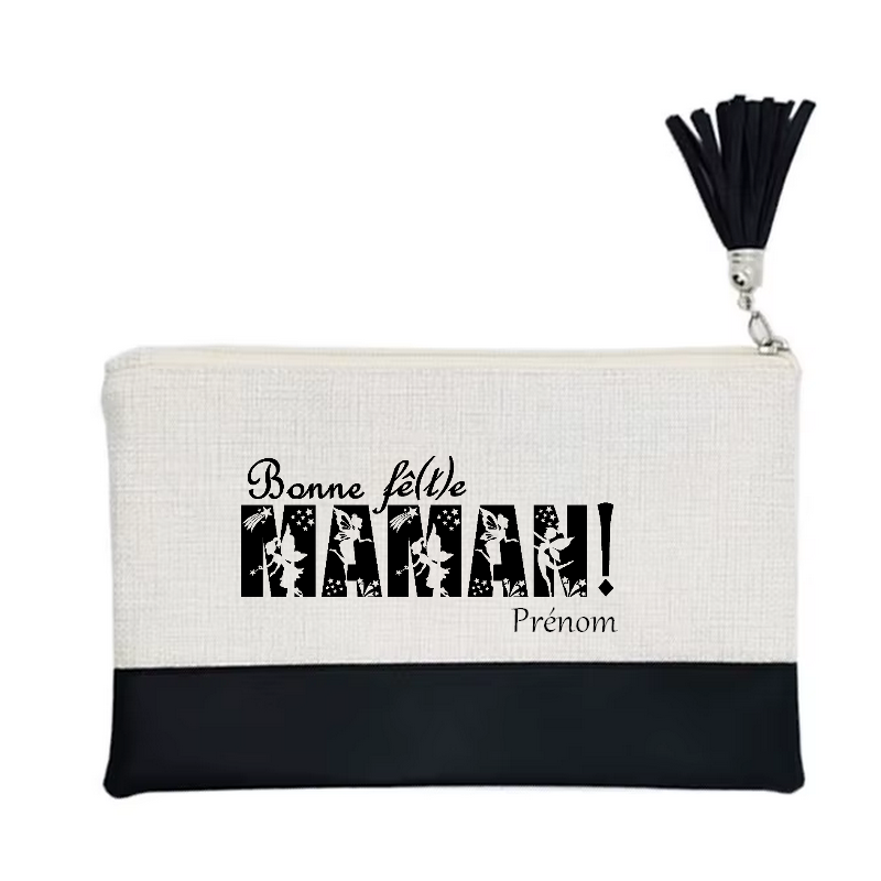 Pochette personnalisée motif maman bonne fete en toile et simili cuir personnalisée
