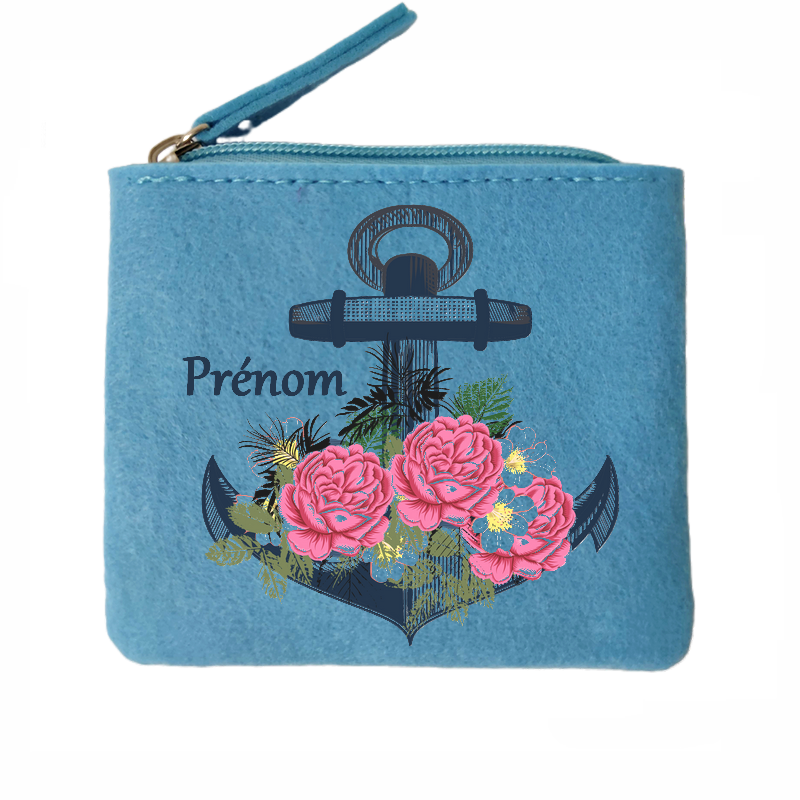 Porte monnaie personnalisé ancre fleur en feutrine en feutrine