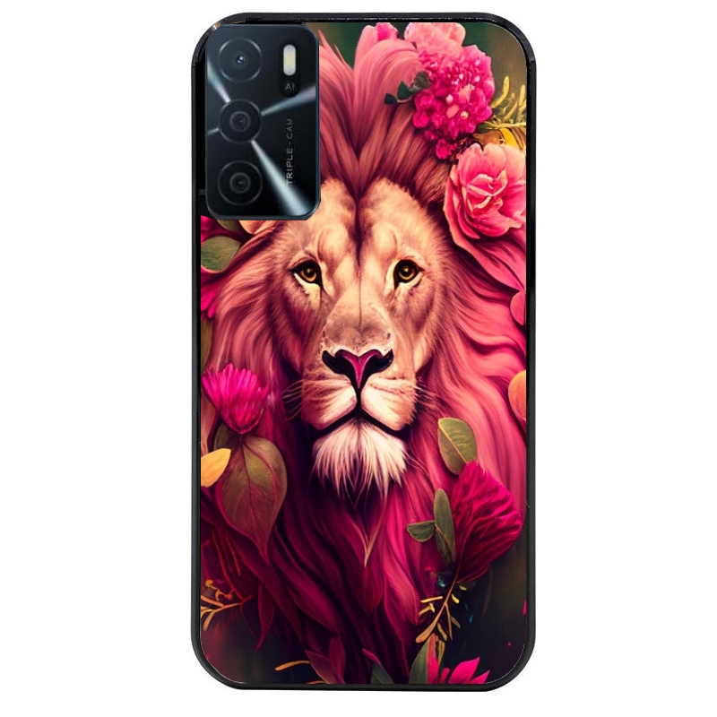 Coque noire taperso pour OPPO A16 et A16S avec motif lion et fleurs rose protection antichoc personnalisée
