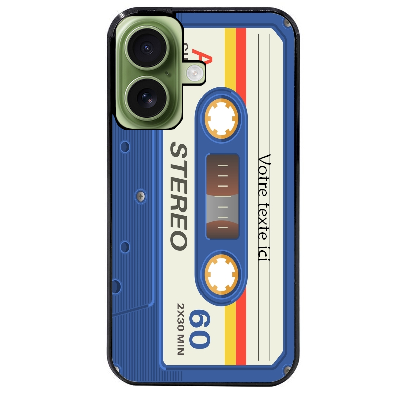 Coque noire taperso pour Iphone 17 17E AIR MAX PRO personnalisable avec motif cassette bleu protection antichoc personnalisée