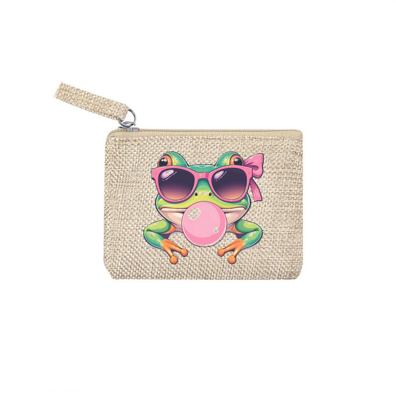 Pochette personnalisée motif grenouille bubble en toile et simili cuir personnalisée