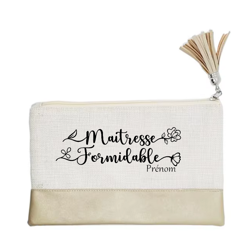 Pochette personnalisée motif maitresse formidable en toile et simili cuir personnalisée