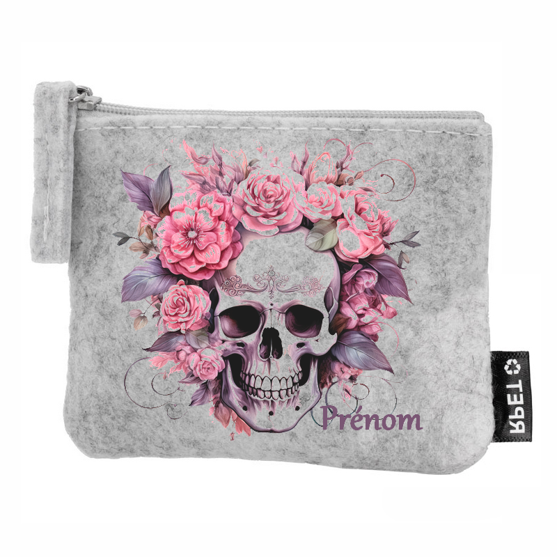 Porte monnaie personnalisé tete de mort floral en feutrine en feutrine