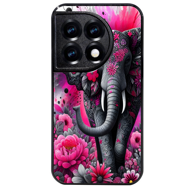 Coque noire taperso pour OnePlus 11 et 12 avec motif elephant et fleurs protection antichoc personnalisée