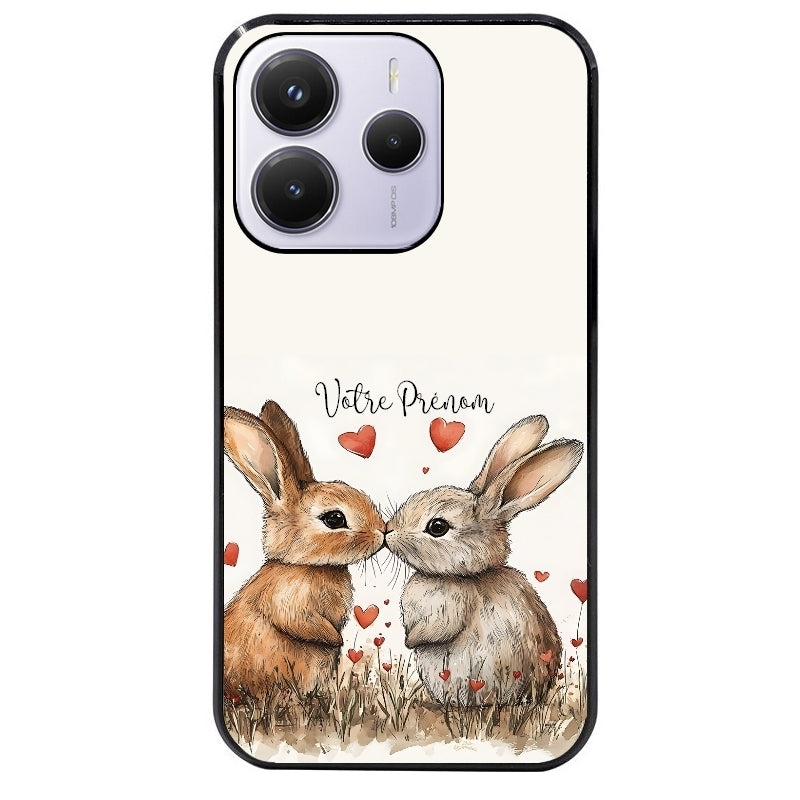 Coque noire taperso pour Redmi Note 14 et PRO PLUS 4G 5G avec motif lapin coeur avec prenom protection antichoc personnalisée
