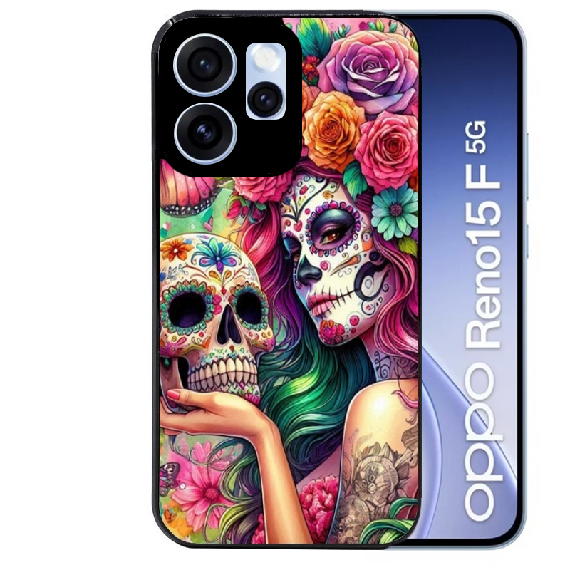 Coque noire taperso pour OPPO Reno 15 et F FS 5G avec motif tete de mort calavera skull protection antichoc personnalisée