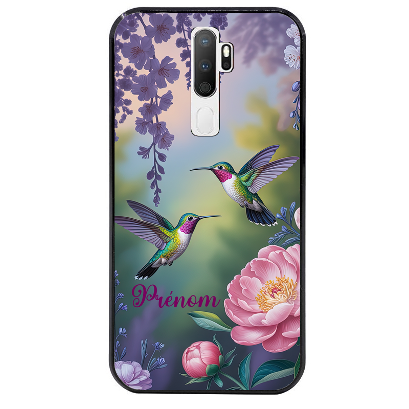 Coque noire taperso pour OPPO A5 A9 2020 avec motif colibri couple personnalise protection antichoc personnalisée
