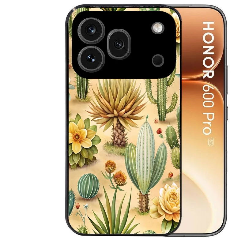 Coque noire taperso pour Honor 600 et 600 PRO avec motif cactus et succulent protection antichoc personnalisée