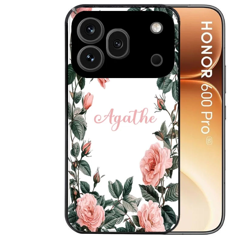 Coque noire taperso pour Honor 600 et 600 PRO avec motif cadre fleur pastel personnalisee protection antichoc personnalisée