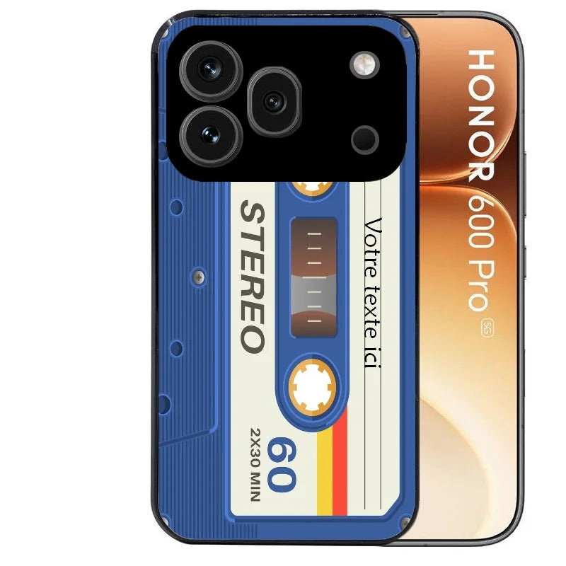 Coque noire taperso pour Honor 600 et 600 PRO personnalisable avec motif cassette bleu protection antichoc personnalisée