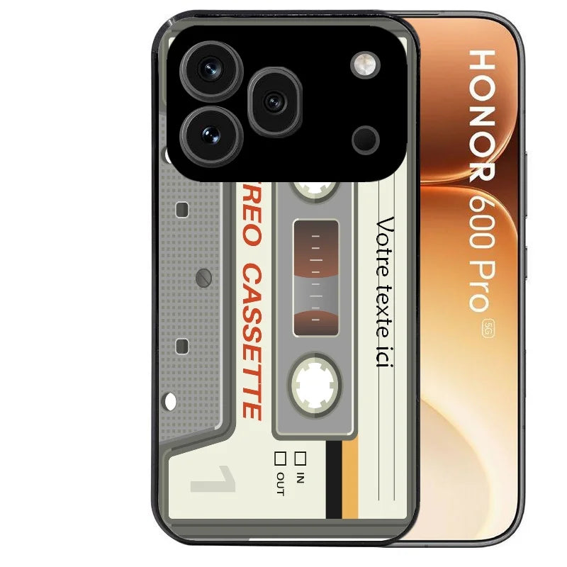 Coque noire taperso pour Honor 600 et 600 PRO avec motif cassette grise personnalisable protection antichoc personnalisée