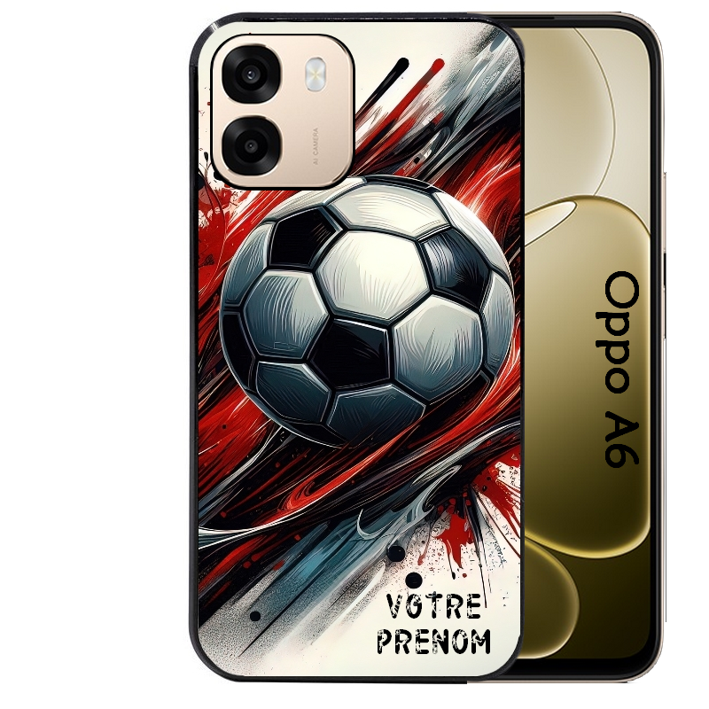 Coque noire taperso pour OPPO A6 A6X 4G et 5G avec motif ballon foot avec prenom protection antichoc personnalisée