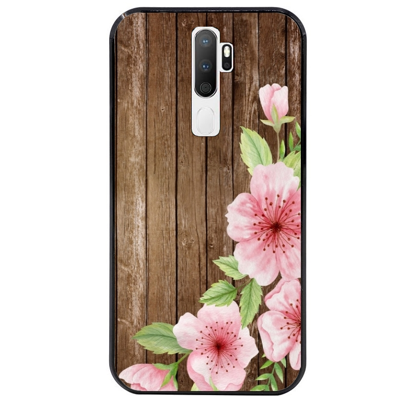 Coque noire taperso pour OPPO A5 A9 2020 avec motif bois avec fleur rose protection antichoc personnalisée