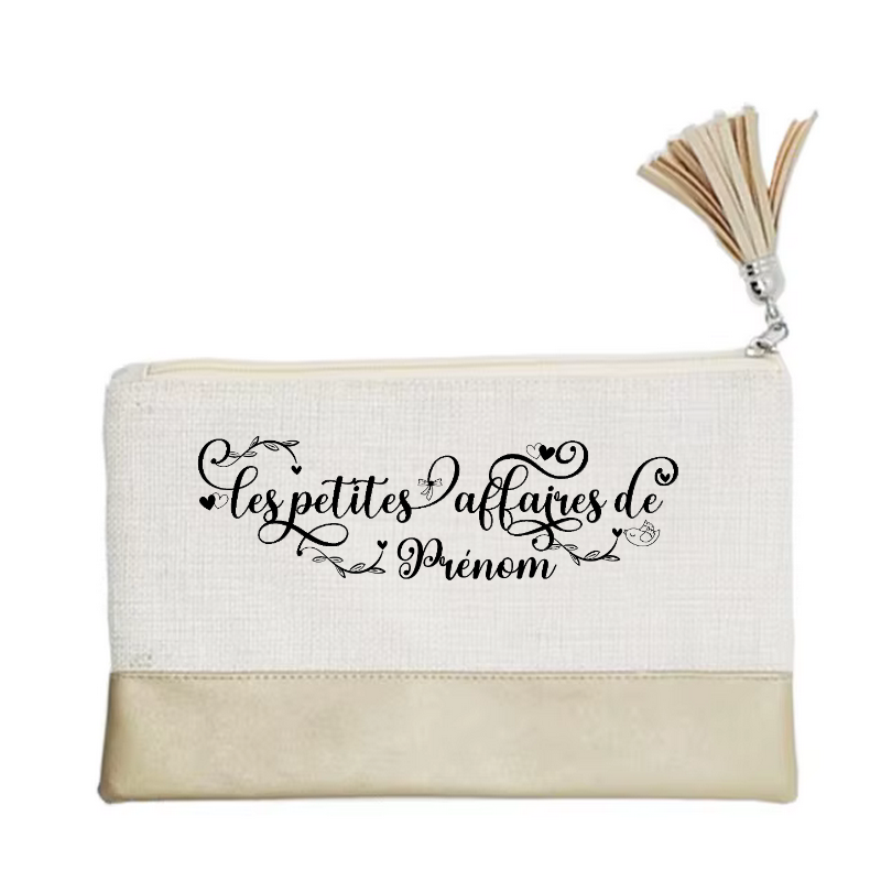 Pochette personnalisée motif petites affaires en toile et simili cuir personnalisée
