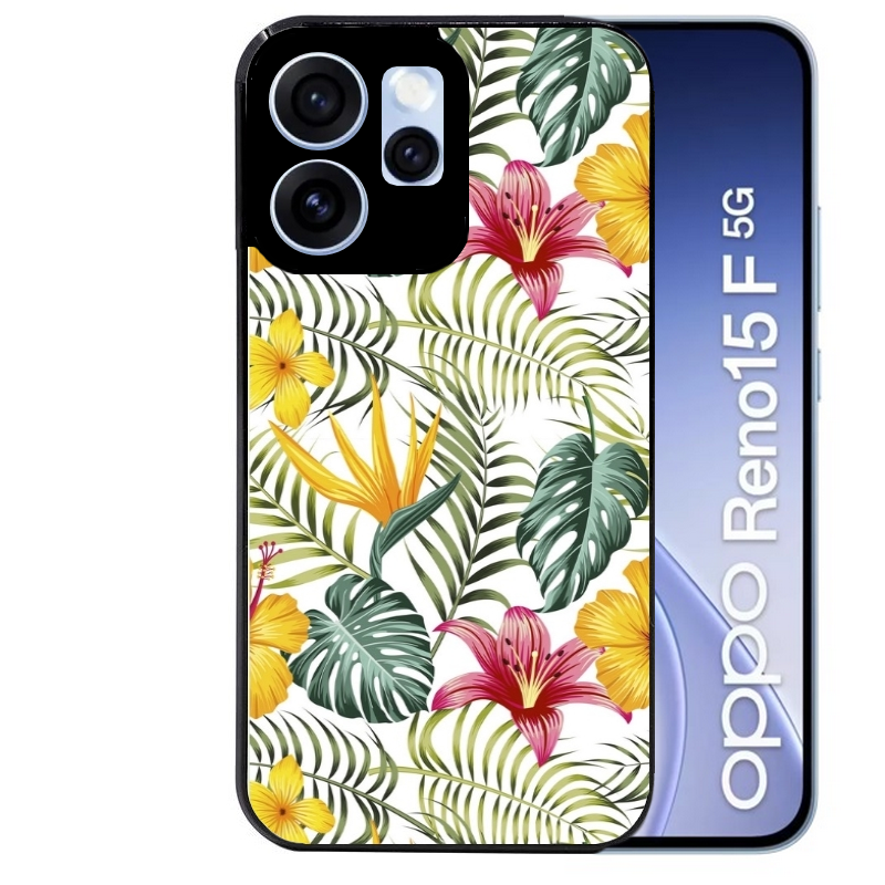 Coque noire taperso pour OPPO Reno 15 et F FS 5G avec motif jungle et fleur hibiscus protection antichoc personnalisée
