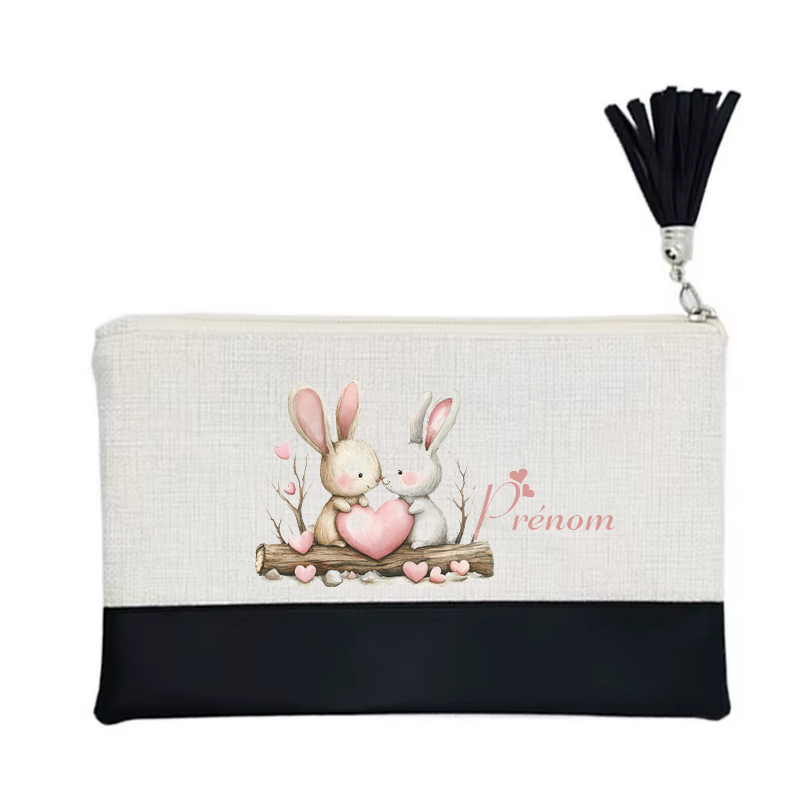 Pochette personnalisée motif lapin love en toile et simili cuir personnalisée